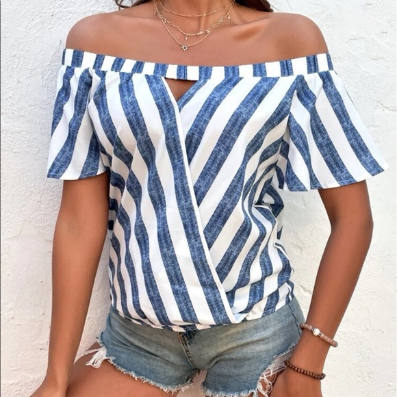 Stripe Off Shoulder Cut Out overlap Butterfly Sleeve Blouse Top Green - Picture 9 of 12